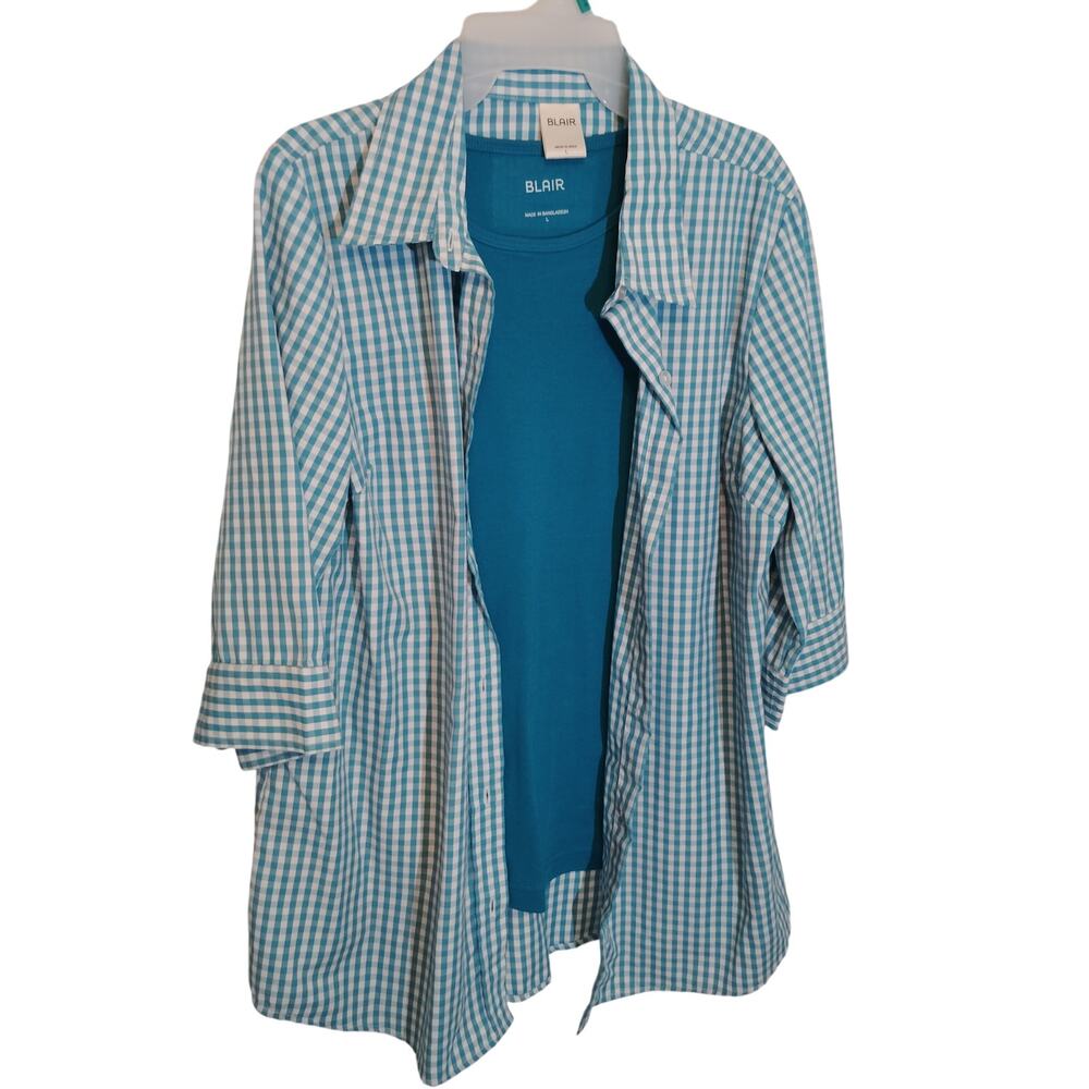 Blair Turquoise Gingham Tunic Shirt & Teal Tank Set Women’s Large Estate Outfit